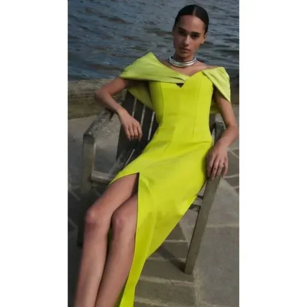 NWT $2230 Safiyaa Abra crêpe and satin gowncape-effect Sz S neon Green C…